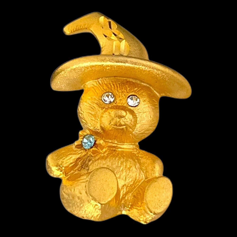 Vintage 1980s Teddy Bear Witch Brooch Crystal Gold Tone Halloween - 4C